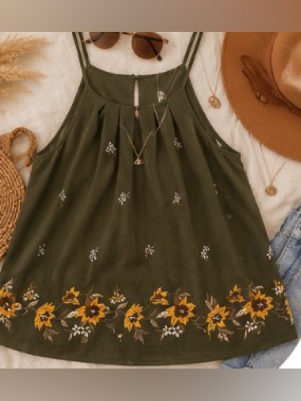 DNA Couture Olive Floral Embroidered Sleeveless Boho Tank Top โ Size Small - Picture 3 of 14